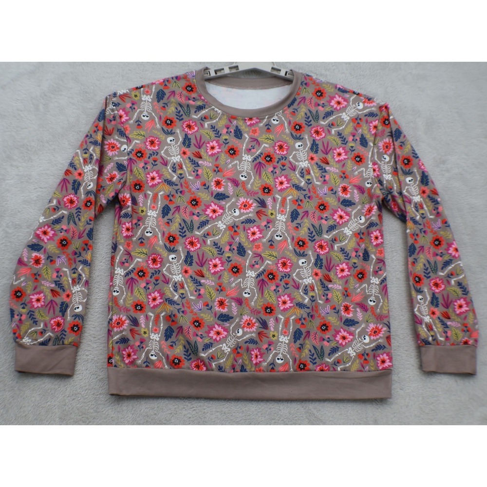 Floral Skeleton Sweatshirt Halloween Spooky Cute Dancing Skeleton Flowers Large